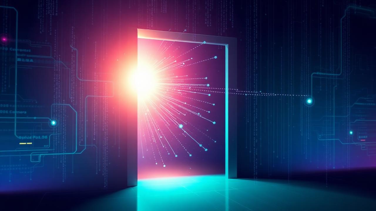 Glowing doorway of light and data streams in a dark digital corridor