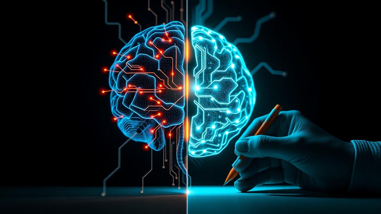 Split composition of an AI circuit brain and a human hand writing, joined by flowing light