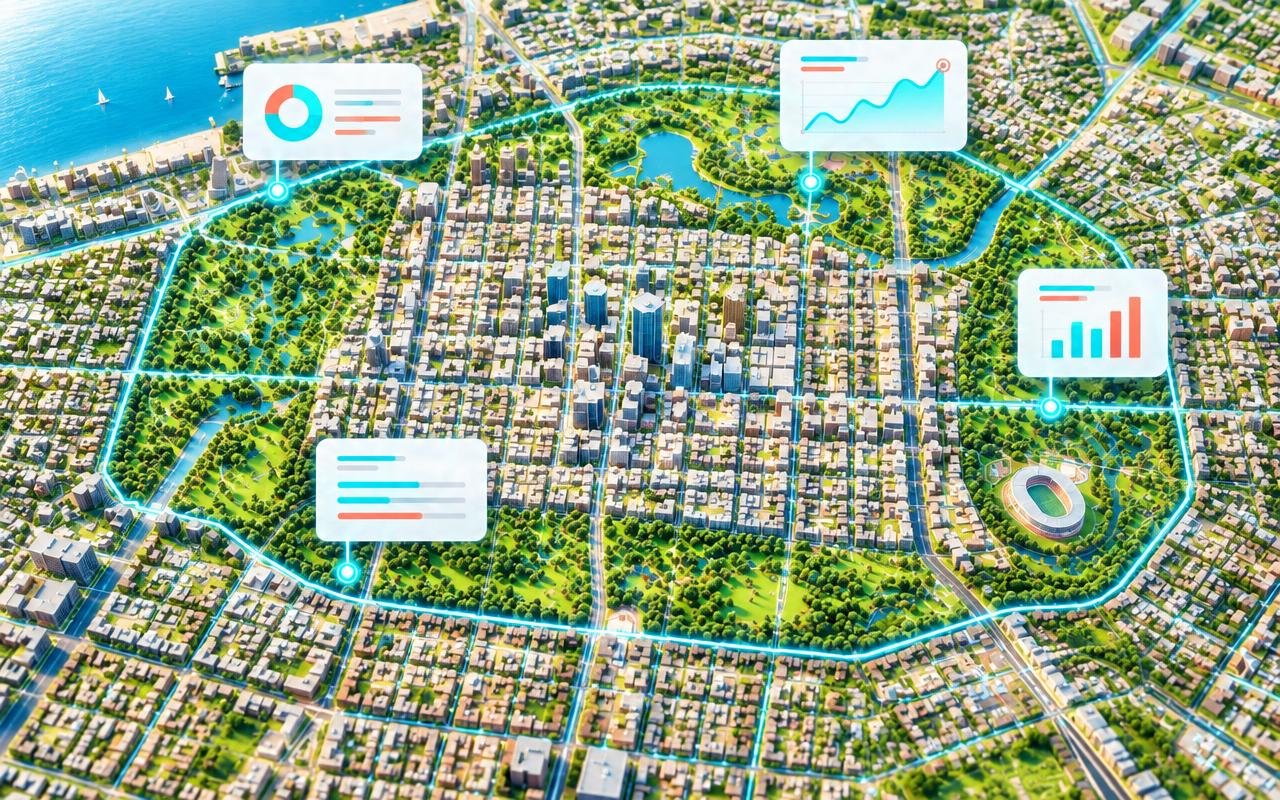3D map of Adelaide and its parklands with local search results