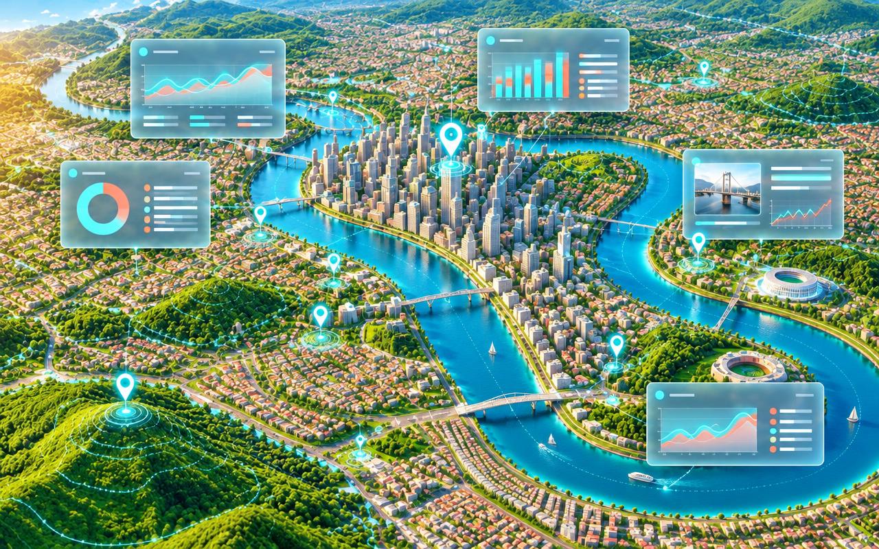 3D map of the Brisbane River with local search and AI answer results