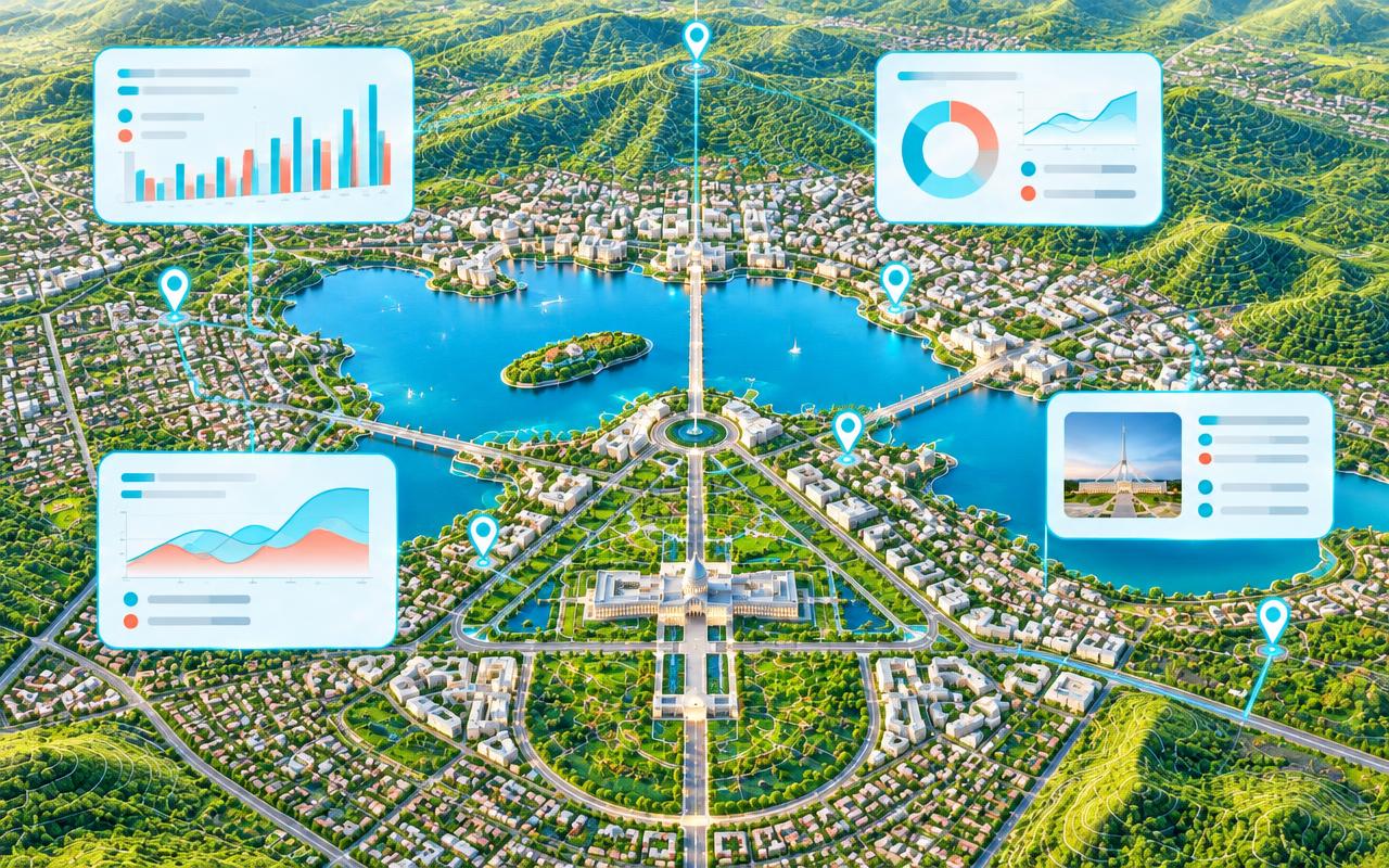 3D map of Canberra and Lake Burley Griffin with local search results