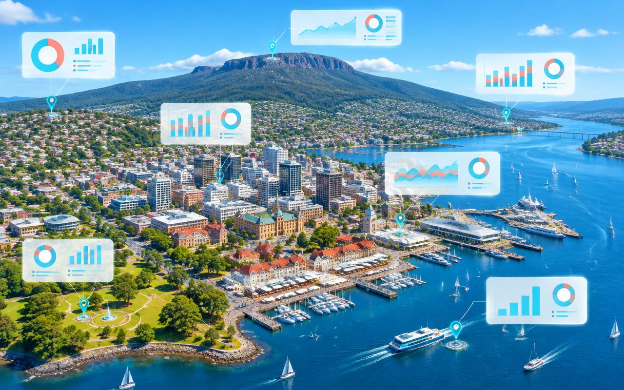 3D map of Hobart and the Derwent River with local search and AI answer results