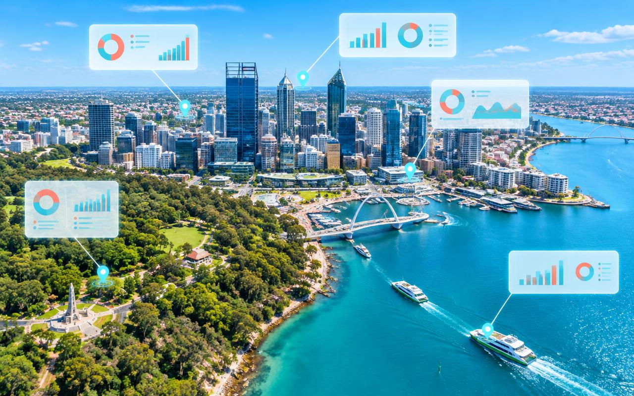 3D map of Perth and the Swan River with local search and AI answer results