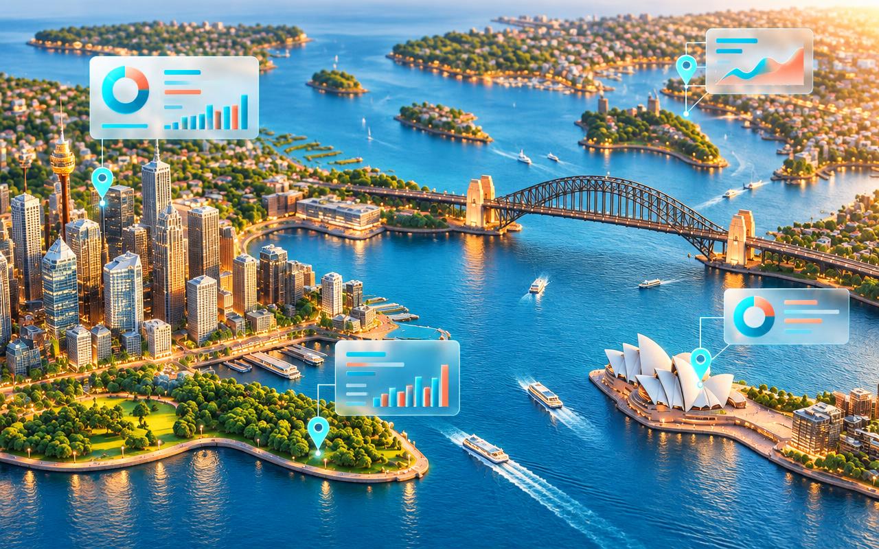 3D map of Sydney Harbour with local search and AI answer results