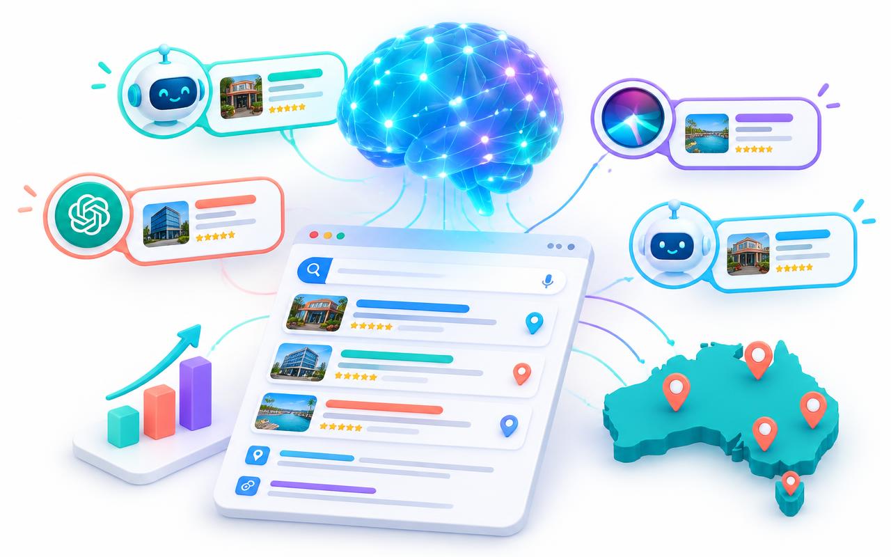 3D illustration of an AI assistant citing Australian businesses in a generated answer