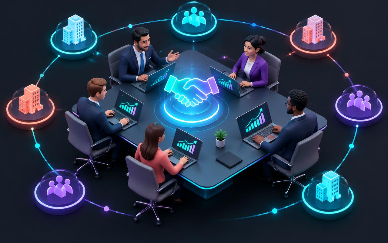 3D illustration of a B2B boardroom with rising search ranking charts and connected business partners