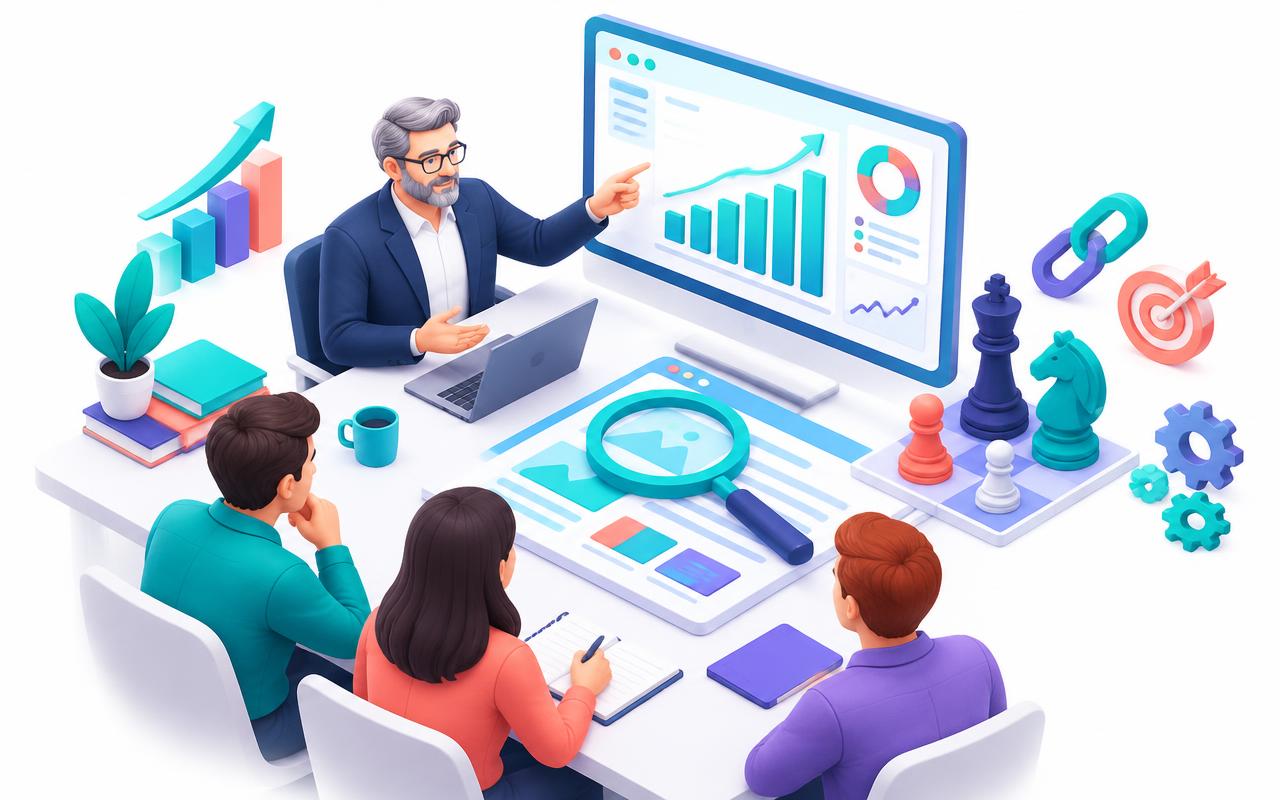 3D illustration of a senior SEO strategist reviewing an analytics dashboard and website strategy