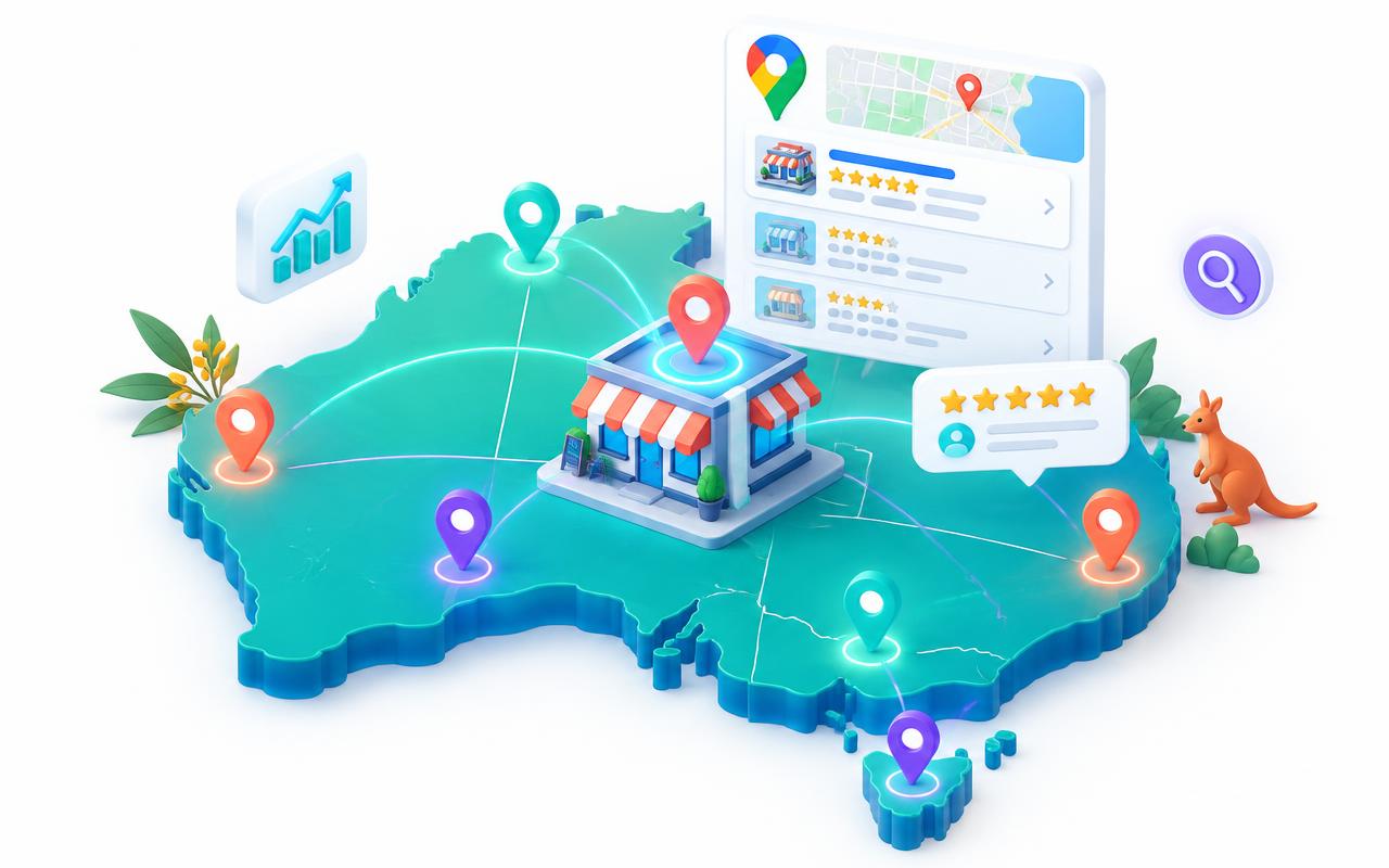 3D illustration of local SEO across Australia with map pins and a local pack results card