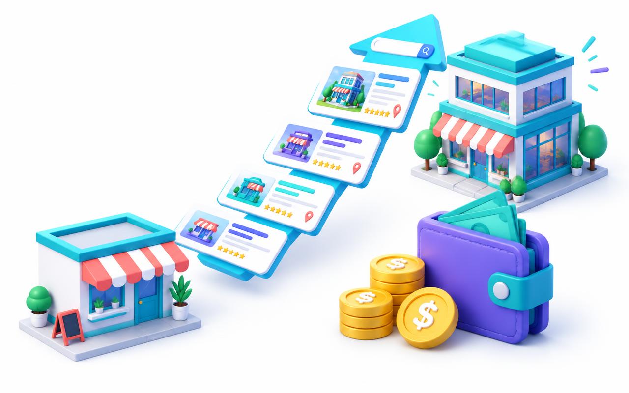 3D illustration of a small business growing along an upward arrow of search results