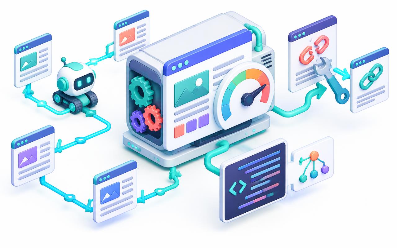 3D illustration of technical SEO: gears, speed gauge and crawling paths across a website